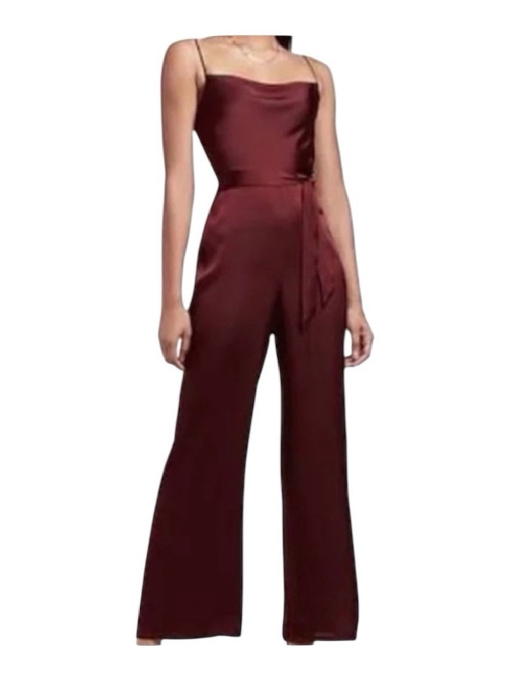 Express bordeaux cowl neck satin jumpsuit wine M adjustable straps w belt